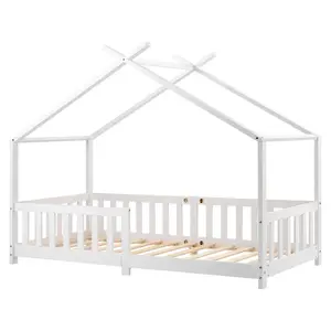 CHICFURN POSTEL DOMEČEK 90/200 cm v bílé barvě s plotem a roštem z masivu