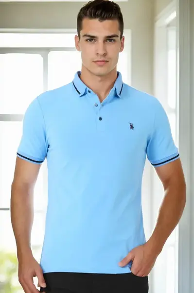 T9586 DEWBERRY MEN'S POLO NECK T-SHIRT-LIGHT BLUE