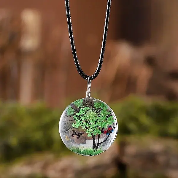 Flat Round Glass with Dried Flower Tree Inner Pendant Black Waxed Cord Necklaces