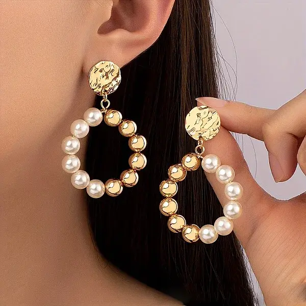 Alloy Plastic Pearl Round Bead Ring Dangle Stud Earrings