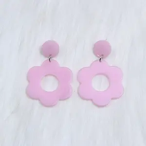 Flower with Flat Round Opaque Acrylic Dangle Stud Earrings