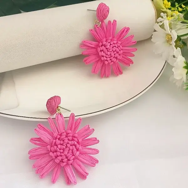 Flower Brass Grass Dangle Stud Earrings