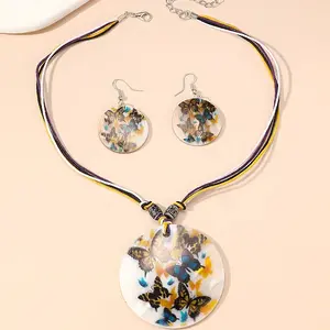 Boho Printed Natural Shell Graffiti Flat Round Pendant Earrings & Necklaces Set