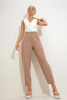Trend Alaçatı Stili Women's Dark Beige High Waist Darted Flowy Crepe Knitted Trousers