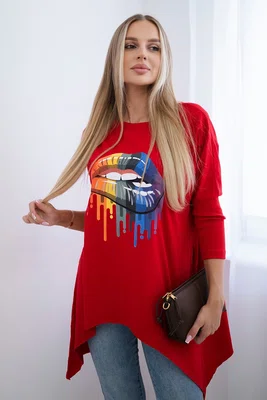 Halenka oversize s červeným potiskem duhových rtů