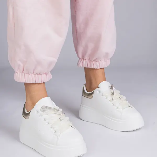 Gemre White sneakers with a gold insert and stiletto with rhinestones Floura