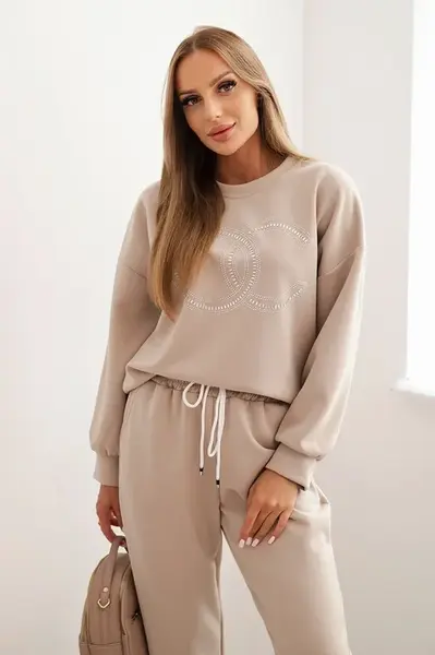 Kesi Włoski Komplet dámsky z viskózy s ozdobným motívom a nohavicami béžový