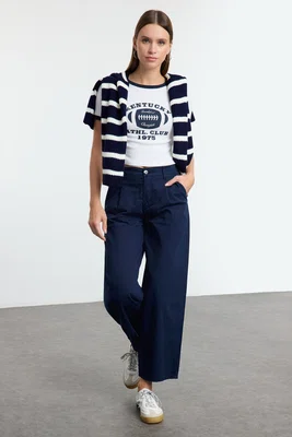 Trendyol Navy Blue Pleated High Waist Denim Barrel Trousers