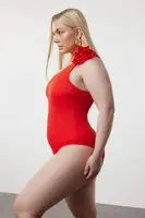 Trendyol Curve Red One Shoulder Floral Appliqued Swimsuit