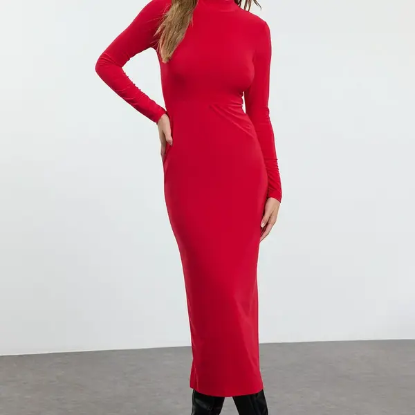 Trendyol Red Stand Collar Fitted/Fits Body Maxi Stretch Knit Dress