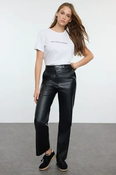 Trendyol Black Faux Leather Straight/Straight Cut Woven Trousers