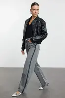 Trendyol Anthracite Color Block Stitch Detail High Waist Wide Leg Jeans