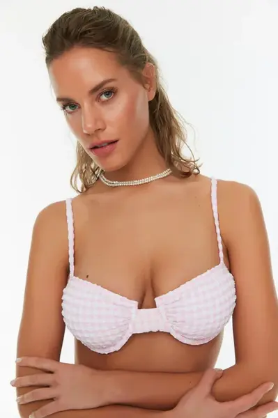 Trendyol Powder Gingham Textured Bikini Top
