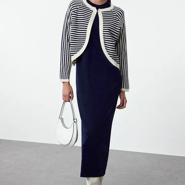 Trendyol Navy Blue Striped Knitwear Cardigan Dress Set
