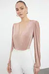 Trendyol Mink Shiny Surface and Soft Textured Padded Double Breasted Closure Flexible Knitted Body