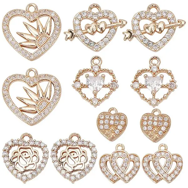 12Pcs 6 Style Valentine's Day Brass Micro Pave Cubic Zirconia Pendants