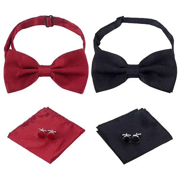2 Bags 2 Colors Polyester Men's Bow Tie & Cufflink & Handkerchief Sets