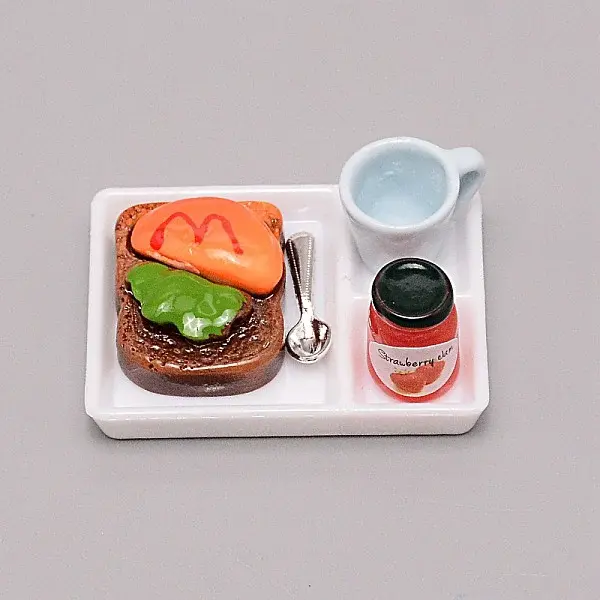 Resin Dollhouse Miniature Vegetable Burger Toast Bread Jam Plate Cup Spoon Set