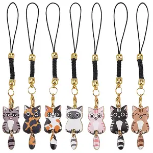 14Pcs 7 Style Cat Alloy Enamel Mobile Straps