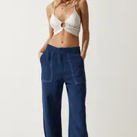 Happiness İstanbul Women's Navy Blue Embroidery Detail Muslin Trousers