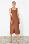 Trendyol Brown A-Line Square Neck Slit Strap Midi Woven Dress