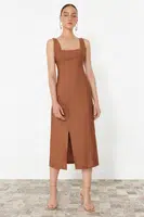 Trendyol Brown A-Line Square Neck Slit Strap Midi Woven Dress