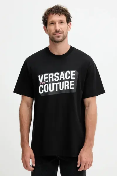Bavlněné tričko Versace Jeans Couture pánské, černá barva, s potiskem, 79GAHP02 CJ01P
