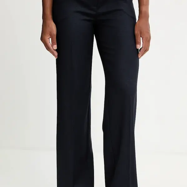 Kalhoty s příměsí vlny Twinset tmavomodrá barva, high waist, 252TT2127