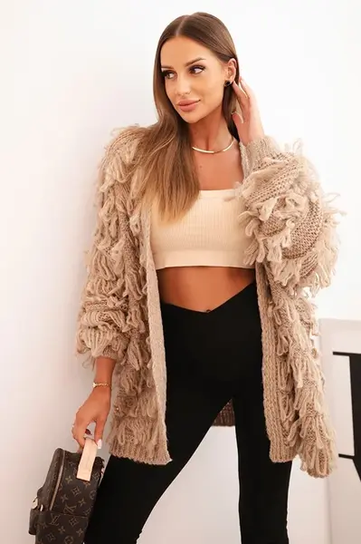 Kesi Włoski Dámský kardigan s třásněmi a volným střihem camelový