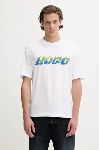 Bavlněné tričko Hugo Blue pánské, bílá barva, s potiskem, 50546246