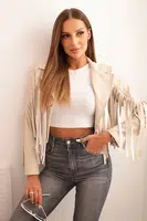 Kesi Włoski Dámská bunda z eko kůže s třásněmi v boho stylu béžová