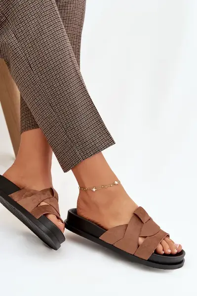 Dámske eco semišové šľapky s remienkami hnedé