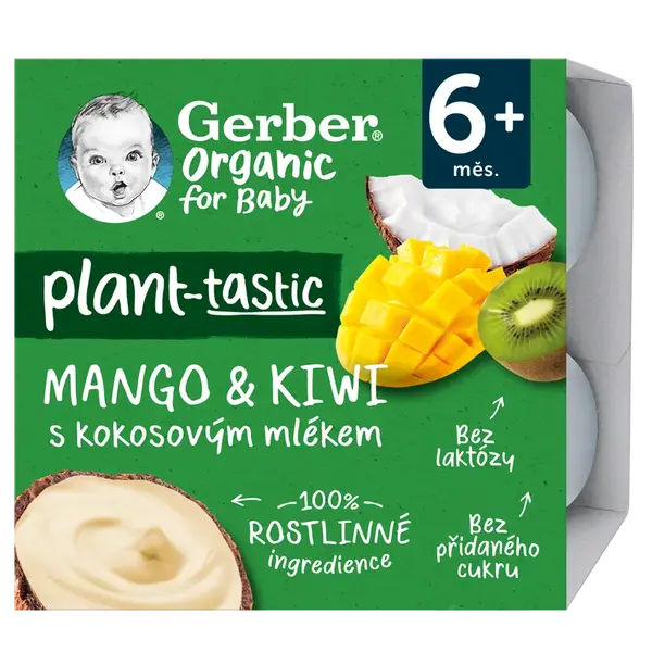 GERBER Organic 100% rostlinný dezert mango a kiwi s kokosovým mlékem 4 x 90 g