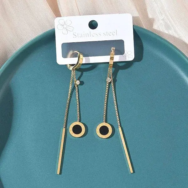 304 Stainless Steel Crystal Rhinestone Flat Round Tassel Hoop Earrings