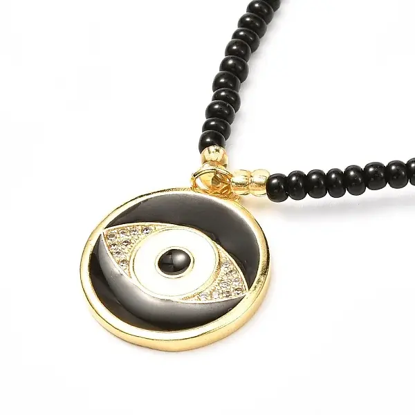 Flat Round Evil Eye Brass Micro Pave Cubic Zirconia Pendant Necklace