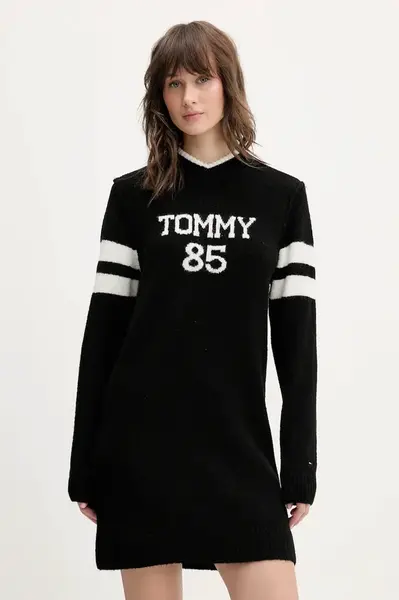 Šaty z vlněné směsi Tommy Jeans černá barva, mini, DW0DW21906