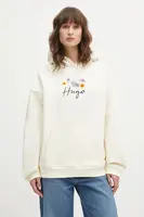 Bavlněná mikina HUGO Dalessandra_2 dámská, béžová barva, s kapucí, s potiskem, 50555814