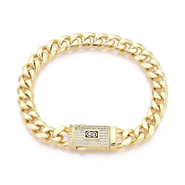 Brass Micro Pave Clear Cubic Zirconia Cuban Link Chain Bracelets