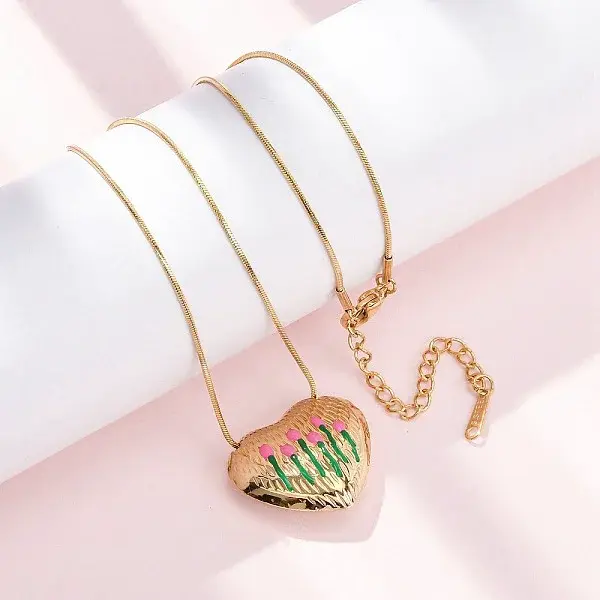 304 Stainless Steel Enamel Heart with Flower Pendant Necklaces for Women