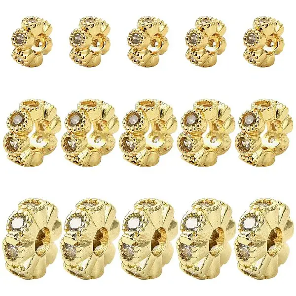 15Pcs 3 Styles Brass Cubic Zirconia Spacer Beads