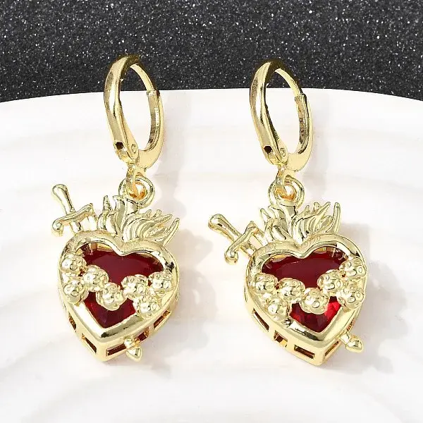 Heart Brass Glass Hoop Earrings
