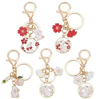 5Pcs 5 Style Rabbit Alloy Enamel Pendant Keychain with Sakura & Cloud Charm