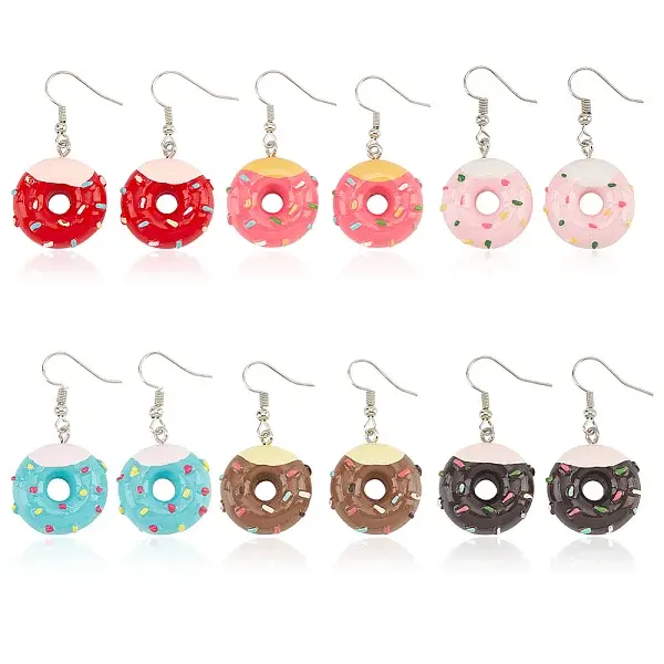 6 Pairs 6 Colors Resin Doughnut Dangle Earrings