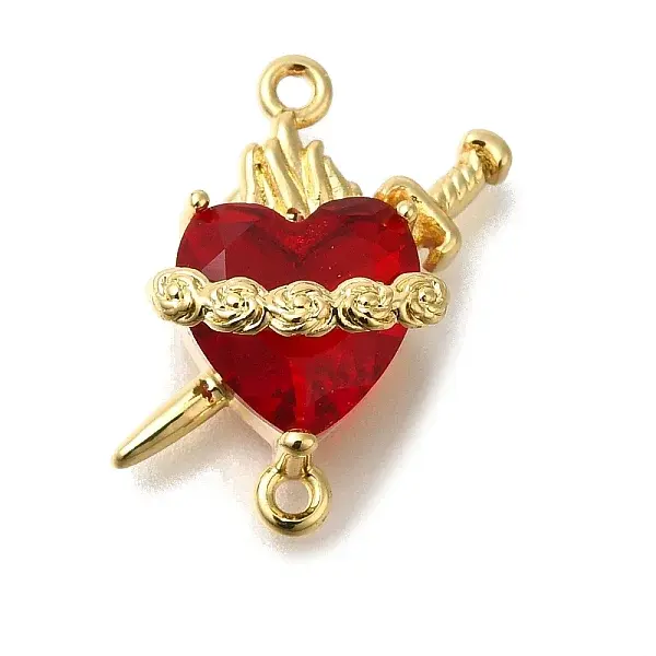 Brass FireBrick Cubic Zirconia Rose Heart with Sword Connector Charms