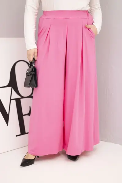 Kesi Włoski Dámské bavlněné kalhoty Plus Size s širokými nohavicemi a volným střihem světle růžové