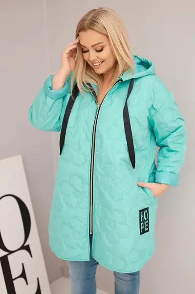 Kesi Włoski Dámská Plus Size prošívaná bunda s kapucí a nápisem HOPE mátová