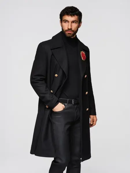Ombre Men's double-breasted wool coat with decorative appliqués - black