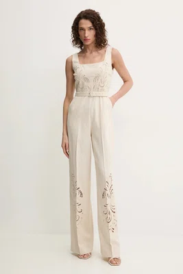 Plátěný overal Twinset béžová barva, cold shoulder, 251TP2163