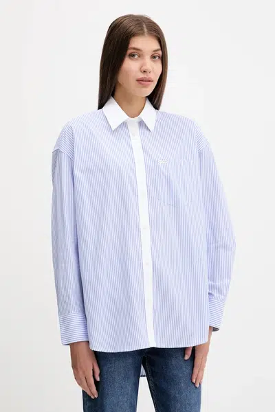 Bavlněná košile Guess Jeans dámská, modrá barva, relaxed, s klasickým límcem, W5RH94 WGZ11