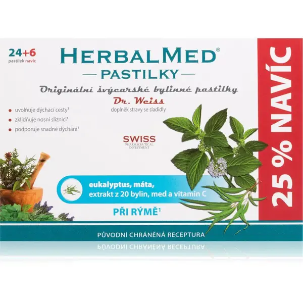 Dr.Weiss HerbalMed pastilky Eukalyptus + mäta + vitamín C pastilky na podporu zdravia dýchacích ciest 30 tbl